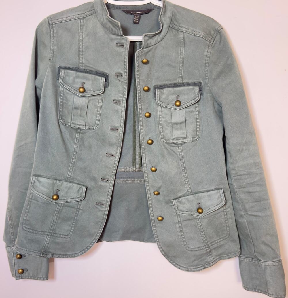 White House Black Market Sage Military Jacket Sz 6 Brass Buttons